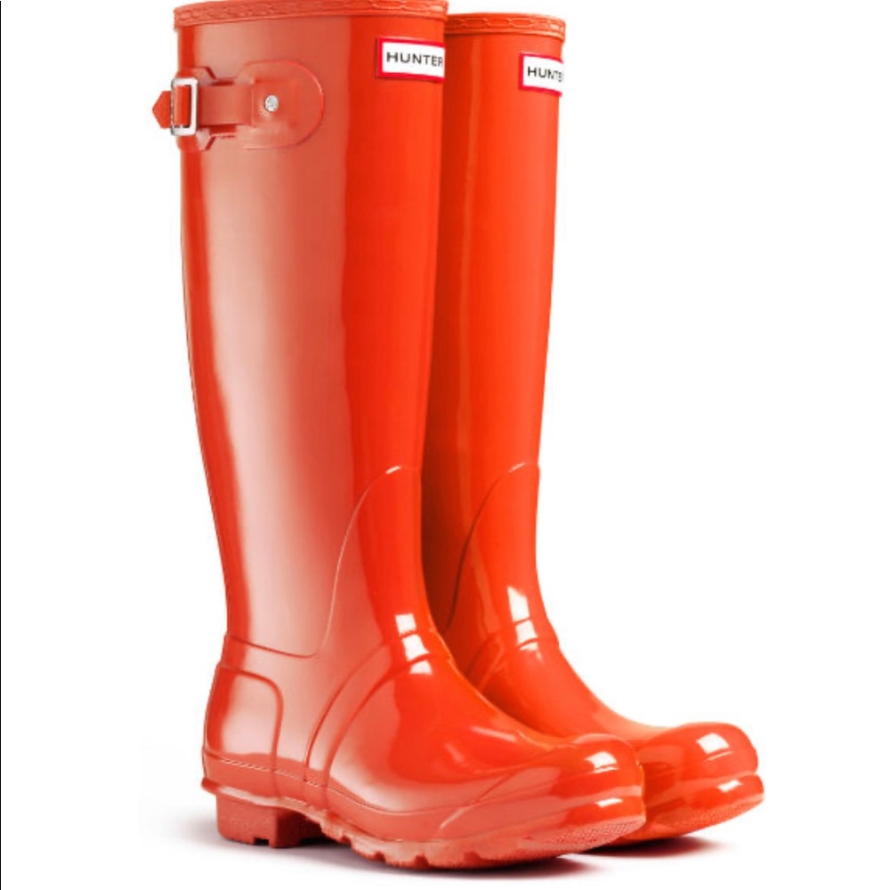 High gloss orange Hunter boots